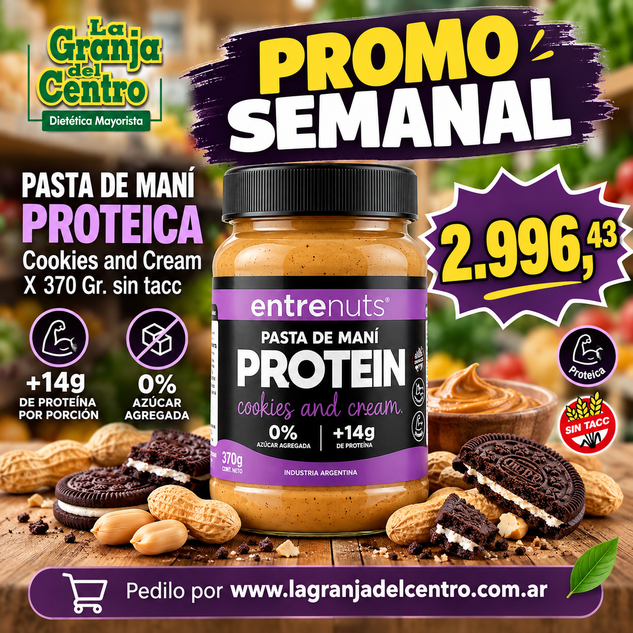 Ofertas y Promociones ENTRENUTS-PASTA DE MANI PROTEICA Cookies and Cream X 370 G sin tacc promo semanal